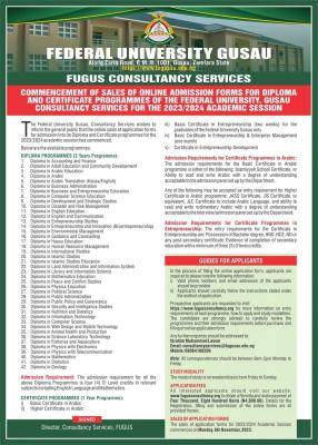 Federal University Gusau admission into Diploma & certificate programme, 2023/2024