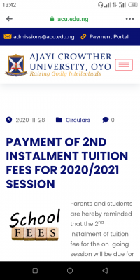 Ajayi Crowther notice on payment of 2nd instalment  tuition for 2020/2021 session