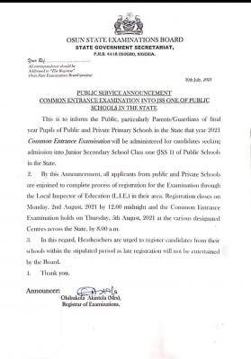 Osun State notice on common entrance into JSS1
