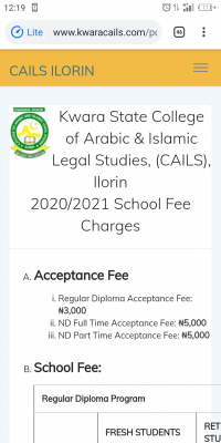 Kwara State College of Arabic & Islamic Legal Studies school fees for 2020/2021 session