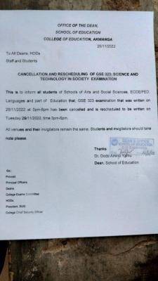 College of Education, Akwanga cancellation and rescheduling of GSE 323