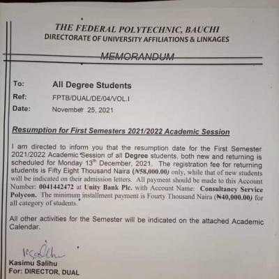 Fed Poly, Bauchi resumption date for degree Students 2021/2022