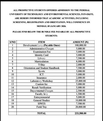 FUTECH announces commencement date and fee schedule for new students, 2025/2026