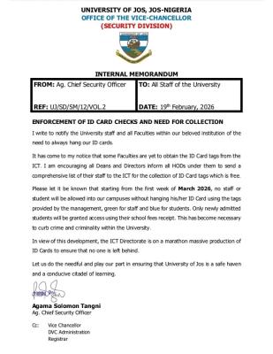 UNIJOS enforces the use of ID cards within the campus