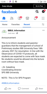 IBBUL notice on resumption of date for School of Preliminary Studies
