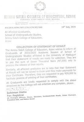 Aminu Saleh COE notice on collection of statements of results