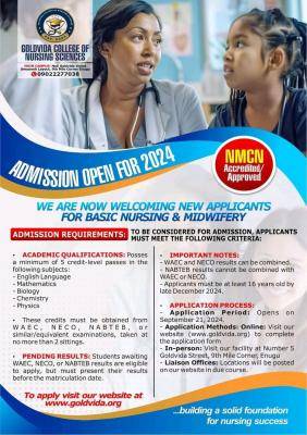 Goldvida College of Nursing Sciences, Enugu Basic Nursing & Midwifery form, 2024/2025