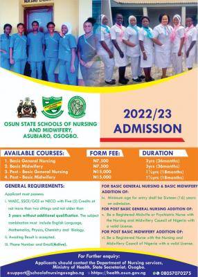 School of Nursing, Osogbo announces admission for 2022/2023 session