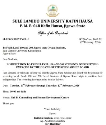 SLU notice to students on Jigawa State Scholarship Board screening exercise