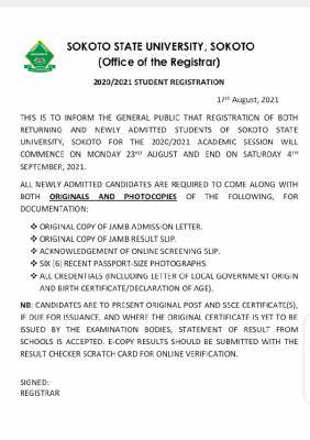 Sokoto State University registration guidelines, 2020/2021