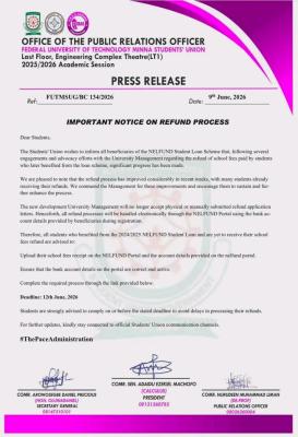 FUTMINNA SUG notice to Students on NELFUND Refund Process
