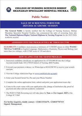 Bishop Shanahan Specialist Hospital, Nsukka releases ND/HND Nursing admission form, 2025/2026