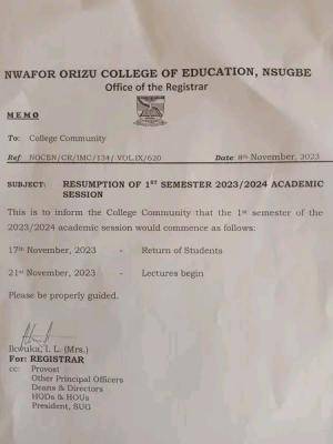 Nwafor Orizu COE notice on resumption for 1st semester, 2023/2024 session