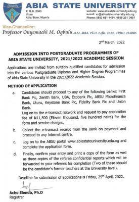 ABSU postgraduate admission for 2021/2022 session