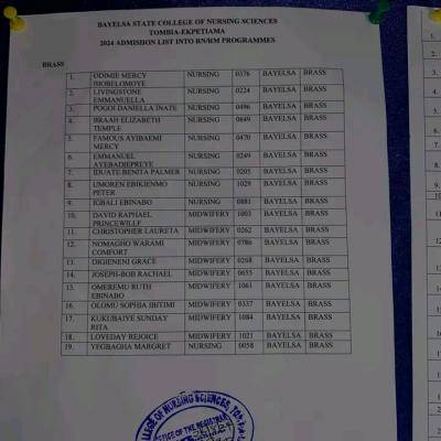 Bayelsa College of Nursing Sciences first batch admission list, 2024