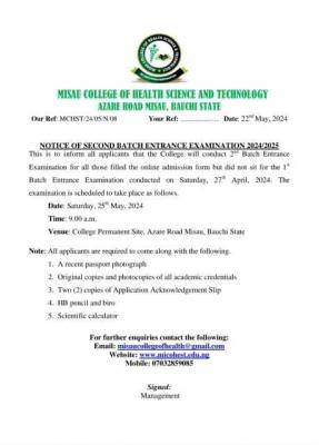 Misau College Of Health Science & Tech notice of 2nd batch entrance exam, 2024/2025