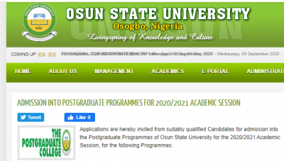 UNIOSUN Postgraduate admission form for 2020/2021 session