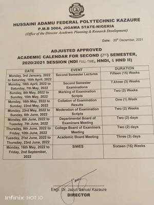 HAFED polytechnic adjusted 2nd semester academic calendar, 2020/2021