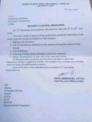 Kogi State Poly issues out security control measures to all graduating students