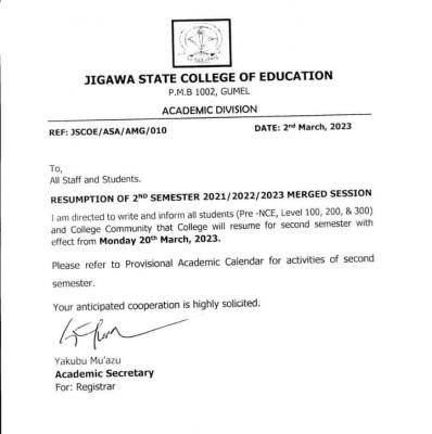 Jigawa state COE notice on resumption for second semester