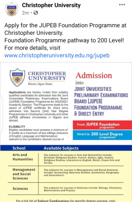 Christopher University JUPEB admission form for 2020/2021 session