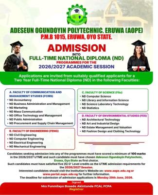 Adeseun Ogundoyin Polytechnic Post-UTME 2026: cut-off mark, eligibility and registration details