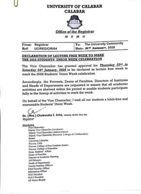 UNICAL declares lecture-free week to mark Students' Week celebration 2026