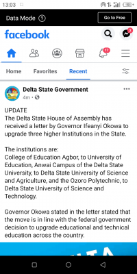 Delta State Governor seeks the upgrade of three higher Institutions.