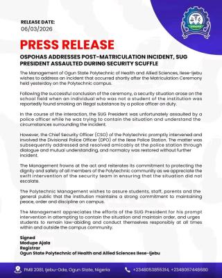 OSPOHAS addresses security incident that occurred after the recent matriculation ceremony