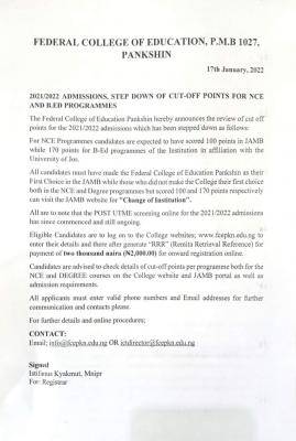 FCE Pankshin reviews cut off marks for NCE & Degree admissions, 2021/2022