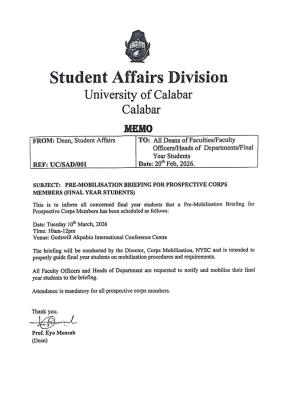 UNICAL announces Mandatory NYSC Pre-Mobilisation Briefing for Final Year Students