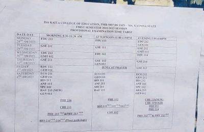Isa Kaita College of Education 1st semester exam timetable, 2022/2023