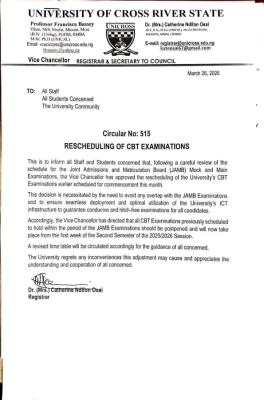 UNICROSS notice on rescheduling of CBT Examinations for the 2025/2026 Session