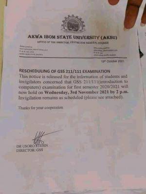 AKSU notice on the new date for GSS 211/111 examination