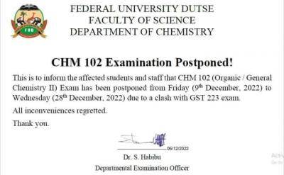 FUDutse Department of Chemistry notice on postponement of CHM 102