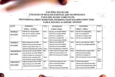 Galtima Maikyari College of Health Science & Tech 1st semester weeding exam timetable, 2023/2024