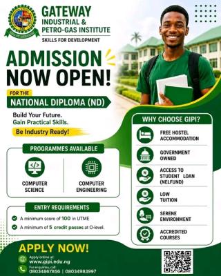 Gateway Industrial & Petro-Gas Institute (GIPI)Oni, Ogun State ND Admission, 2026/2027