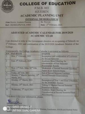 COE Igueben revised academic calendar for 2019/2020 session