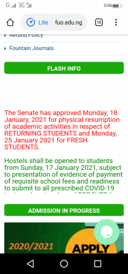 Fountain University notice on resumption to new and returning students