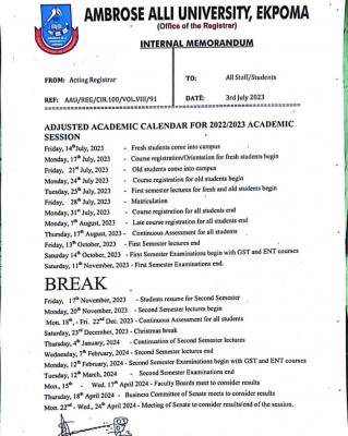 AAU adjusted academic calendar, 2022/2023