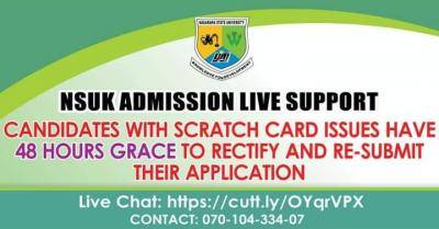 NSUK notice to 2021 Post-UTME applicants with scratch card issues