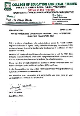 COEL, Nguru notice to students who took part in the TRCN Qualifying Exam