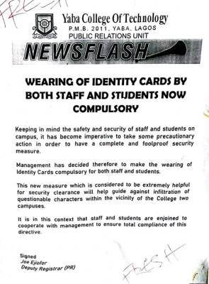 YABATECH notice on compulsory use of ID Cards by students