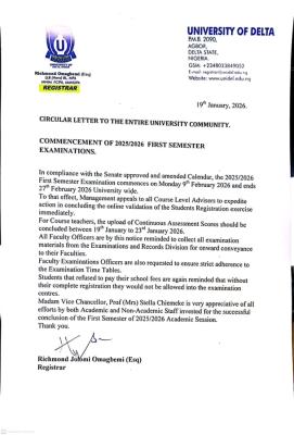 UNIDEL to commence 2025/2026 first semester examination, February 9