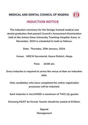 MDCN notice of induction ceremony for foreign-trained medical & dental graduates