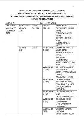 Akwa Poly ND II second semester examination timetable, 2020/2021