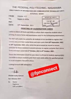 Fed Poly Nasarawa notice on course form and examination card
