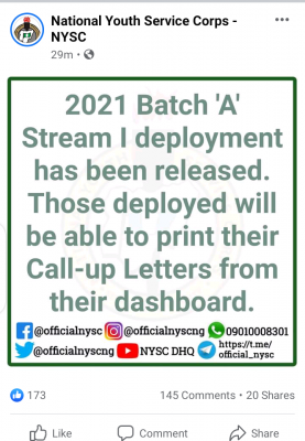 NYSC announces 2021 Batch 'A' stream I printing of call-up letters