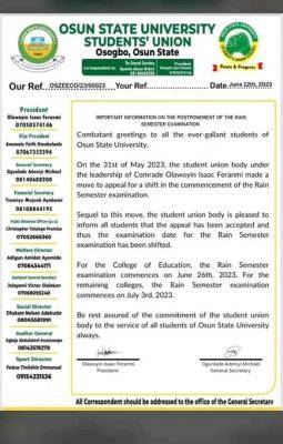 UNIOSUN SUG notice on postponement of Rain Semester Examination