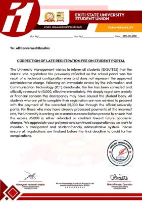 EKSU management slashes Late Registration fee following technical error